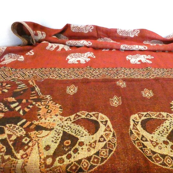 Silk Cashmere Scarf Red Brown Thailand Gold Embossed Elephants Lucky Pashmina NW - Picture 4 of 7